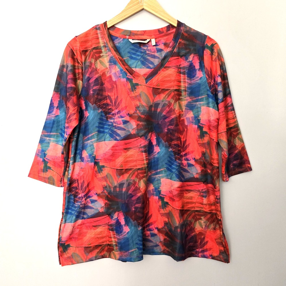 Soft Surroundings Watercolor Tropical Knit Top Blouse Size XL V-Neck 3/4 Sleeve